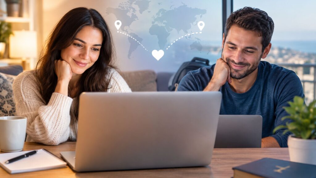 Counseling for Long-Distance Relationship Challenges - Quest Counseling Group - Quest Counseling Group Two people sit at a laptop, smiling as they work together in a cozy home office with a world map graphic and heart overlay above the screen